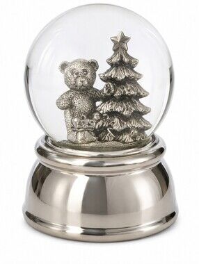 Teddy Bear Christmas Snow Globe Silver Tone Tree Holiday Decor